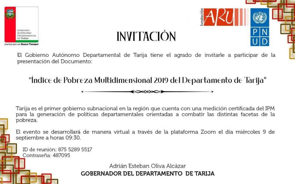 Aru será parte de la presentación del documento: Índice de Pobreza Multidimensional 2019 de Tarija